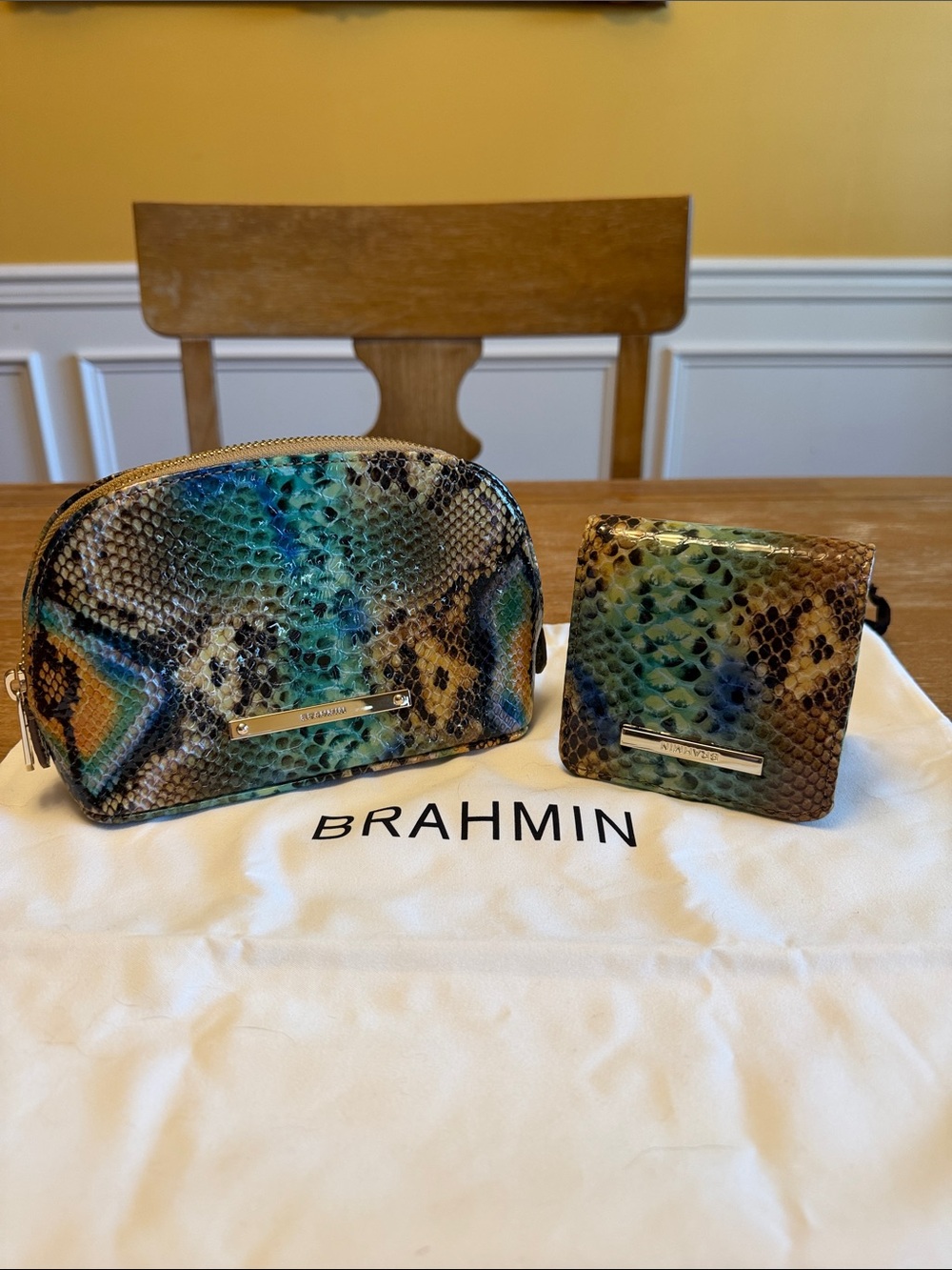 Brahmin Teal Snake-Print Cosmetic Case and Compact Wallet Set